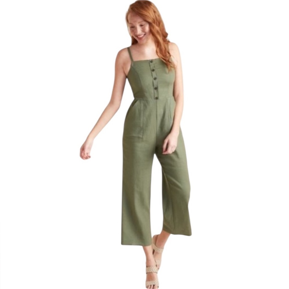 Old Navy olive green linen blend square neck wide leg jumpsuit Womens Medium
